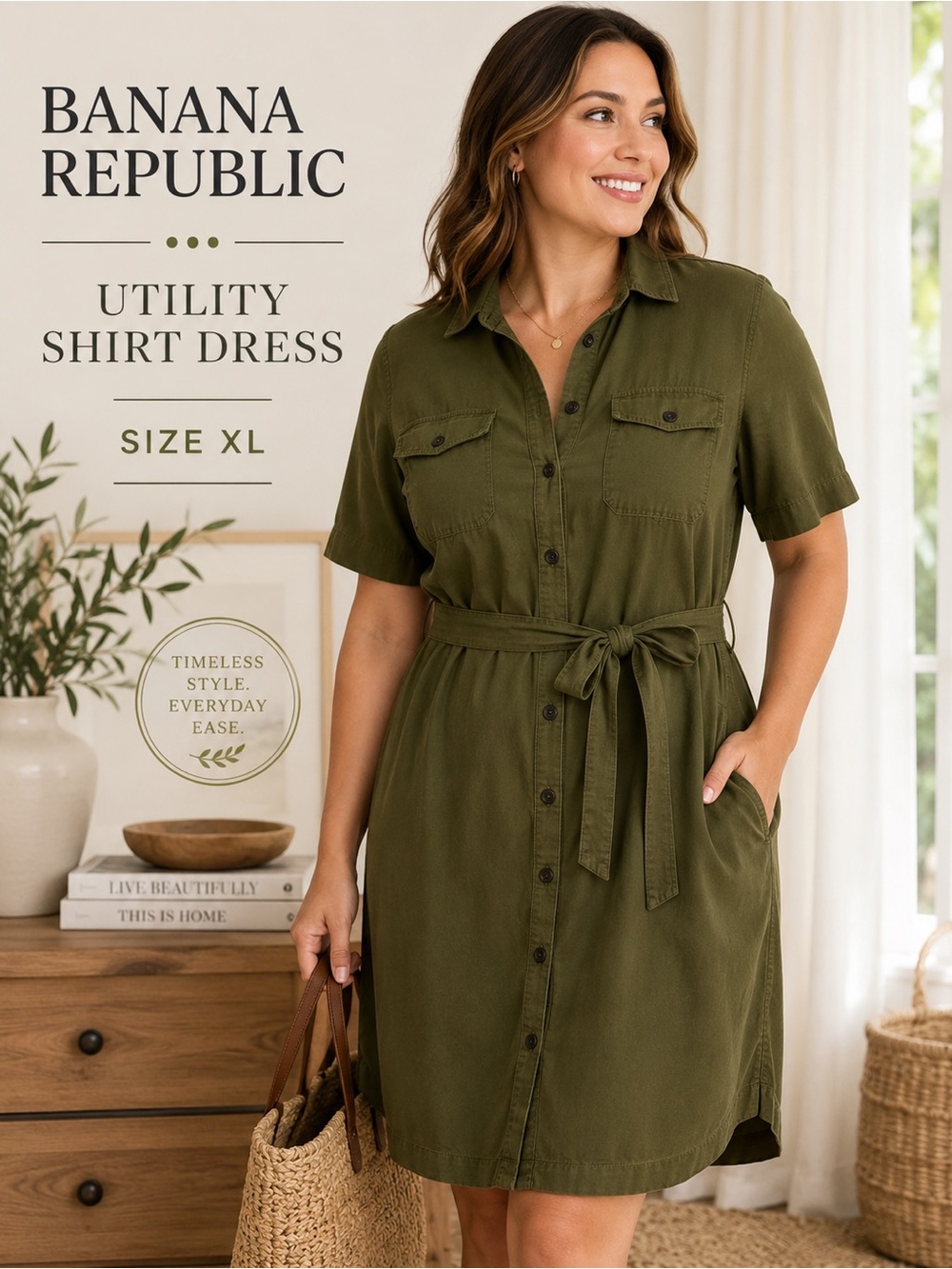 Banana Republic Olive Green Utility Shirt Dress Belted XL